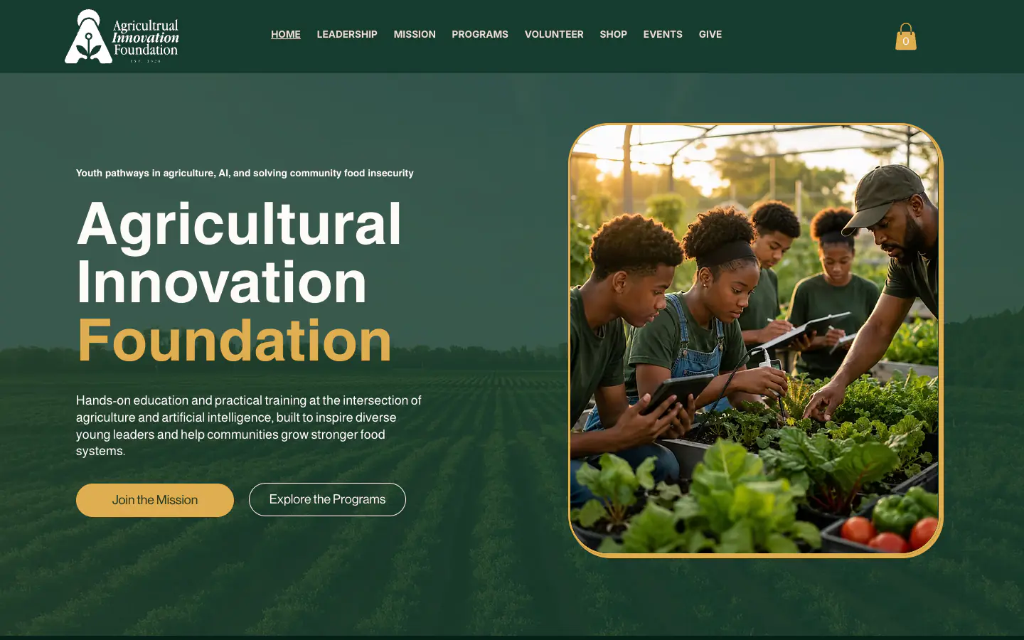 Agricultural Innovation Foundation website homepage shown in a browser frame