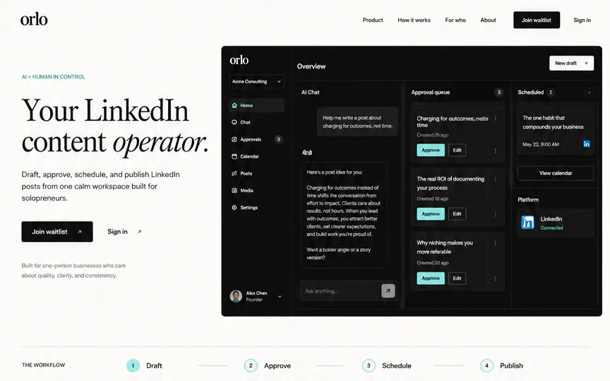 Orlo LinkedIn content operator website concept shown in a browser frame