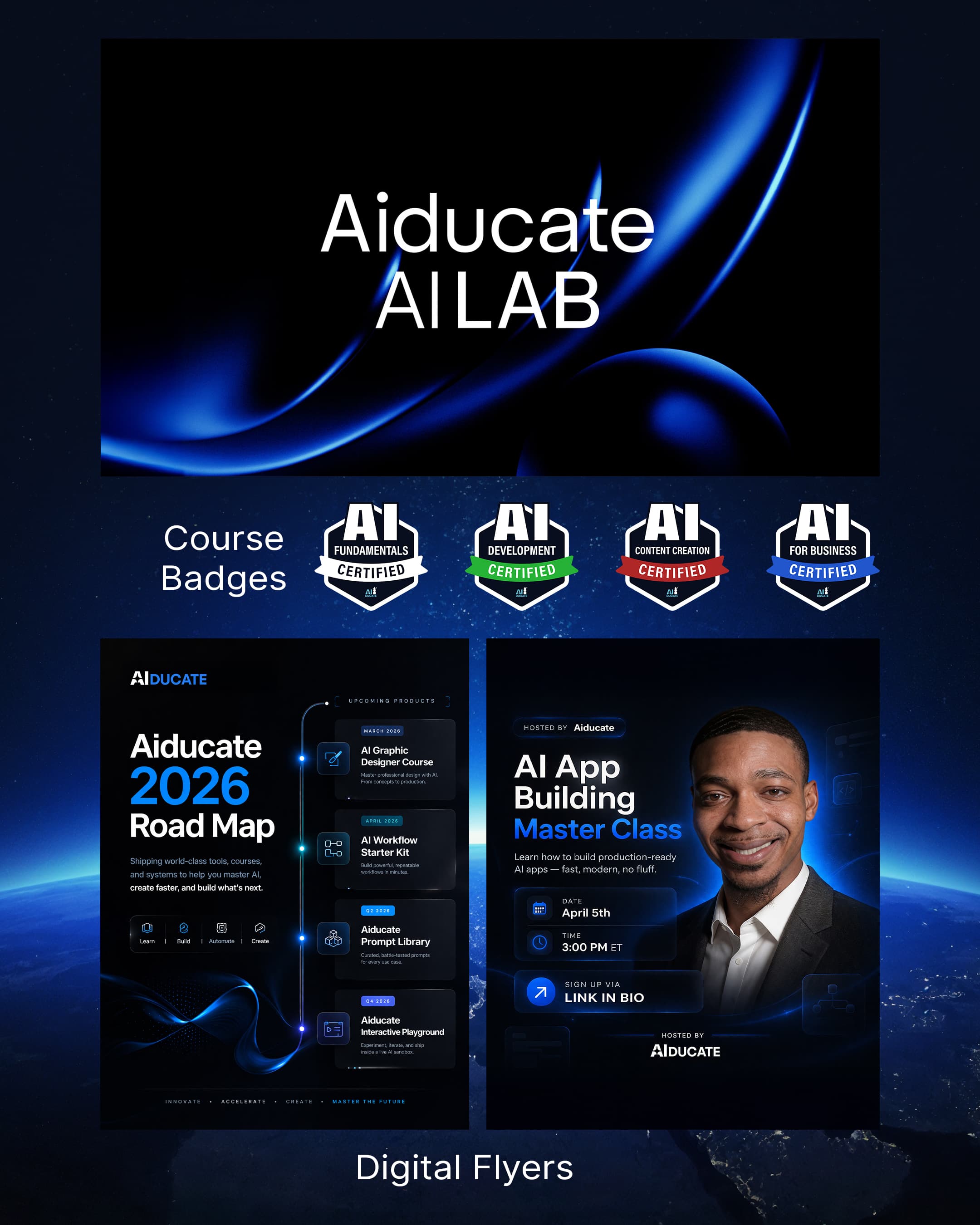 Aiducate AI Lab course badge and digital flyer design system